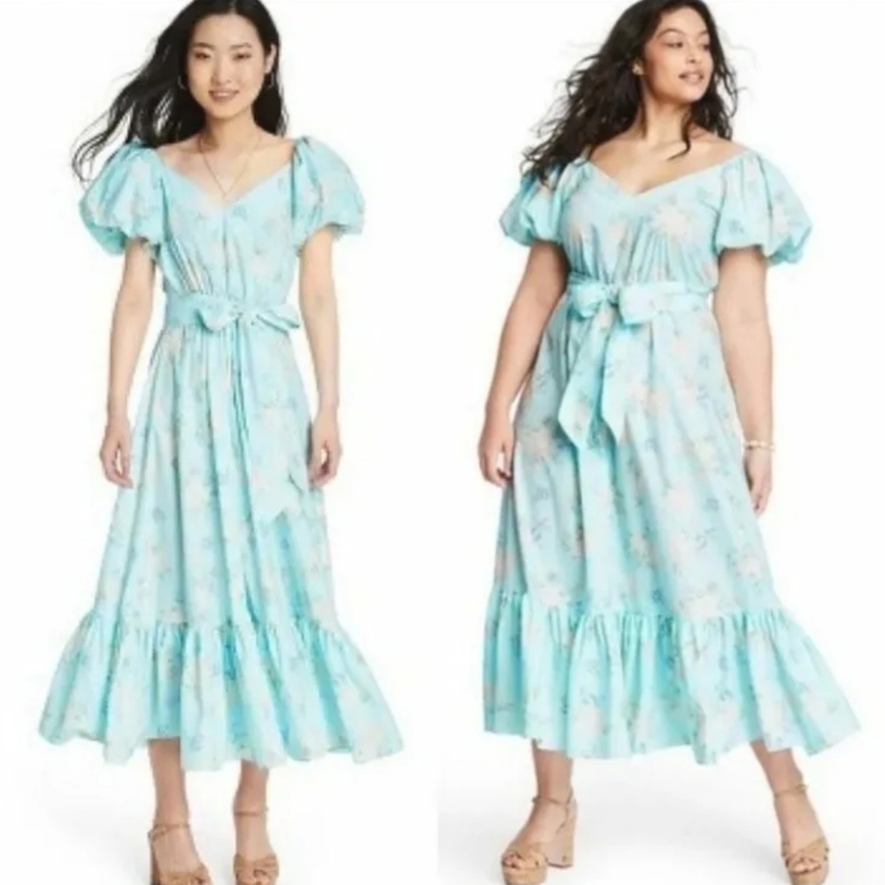 Loveshackfancy x Target Estelle Puff Sleeve Midi Dress Floral Blue Size 8